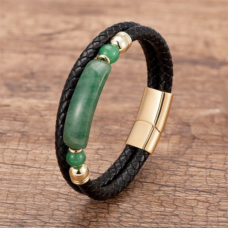 Fortune Jewel Green Aventurine Tiger Eye Green Agate Black Onyx Hematite Stone Luck Leather Magnetic Buckle Bracelet