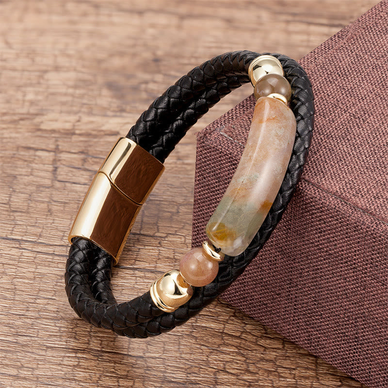 Fortune Jewel Green Aventurine Tiger Eye Green Agate Black Onyx Hematite Stone Luck Leather Magnetic Buckle Bracelet
