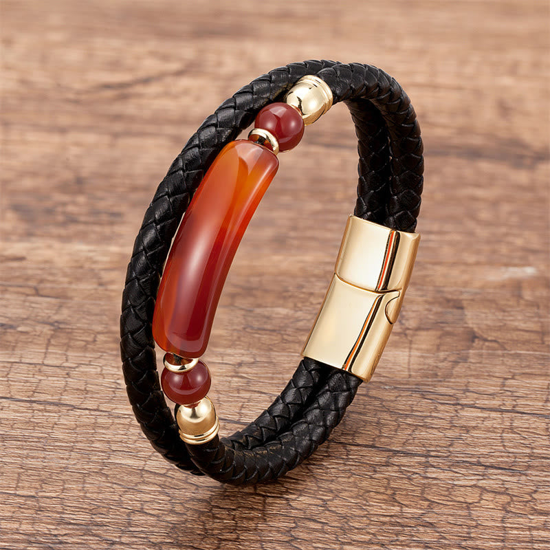 Fortune Jewel Green Aventurine Tiger Eye Green Agate Black Onyx Hematite Stone Luck Leather Magnetic Buckle Bracelet