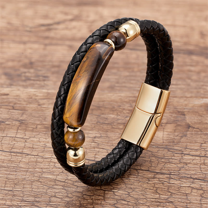 Fortune Jewel Green Aventurine Tiger Eye Green Agate Black Onyx Hematite Stone Luck Leather Magnetic Buckle Bracelet