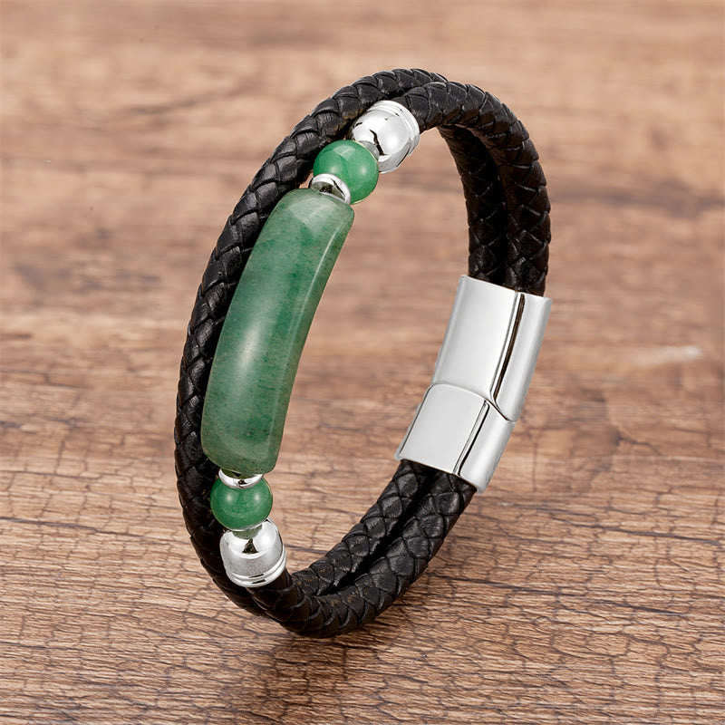 Fortune Jewel Green Aventurine Tiger Eye Green Agate Black Onyx Hematite Stone Luck Leather Magnetic Buckle Bracelet