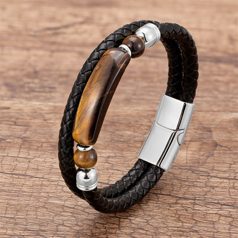 Fortune Jewel Green Aventurine Tiger Eye Green Agate Black Onyx Hematite Stone Luck Leather Magnetic Buckle Bracelet