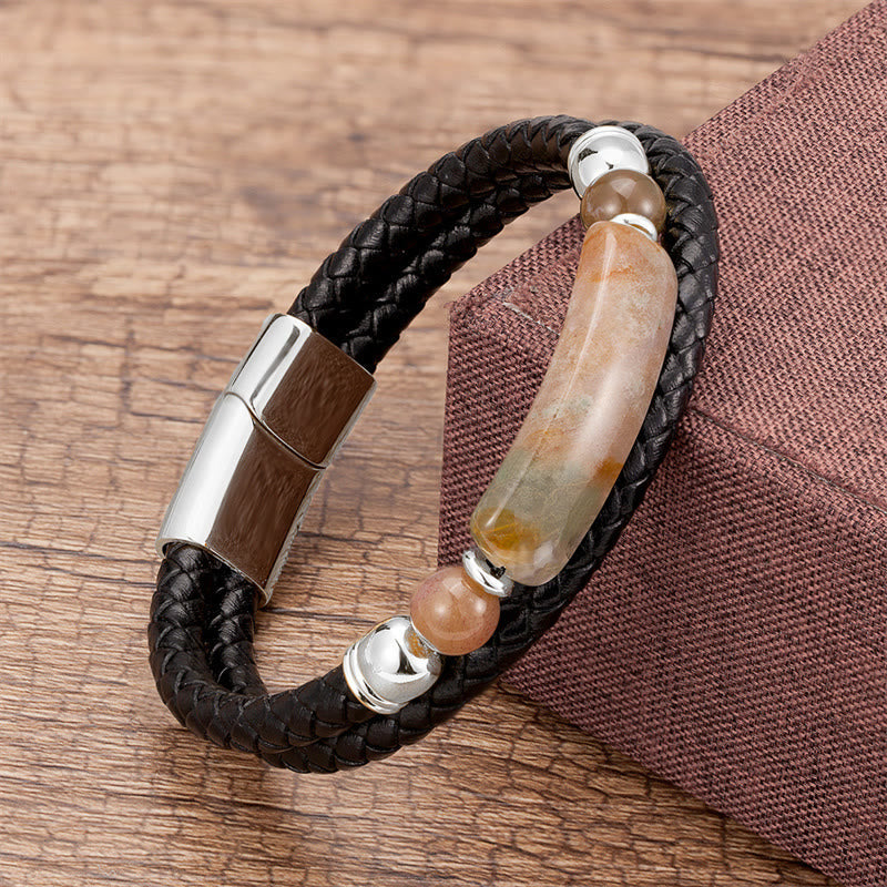 Fortune Jewel Green Aventurine Tiger Eye Green Agate Black Onyx Hematite Stone Luck Leather Magnetic Buckle Bracelet