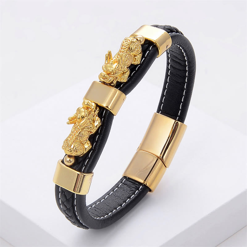 Fortune Jewel Double PiXiu Wealth Luck Leather Magnetic Buckle Bracelet