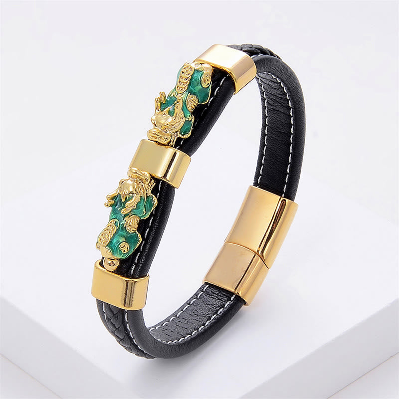 Fortune Jewel Double PiXiu Wealth Luck Leather Magnetic Buckle Bracelet