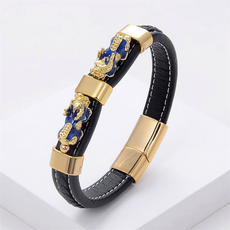 Fortune Jewel Double PiXiu Wealth Luck Leather Magnetic Buckle Bracelet