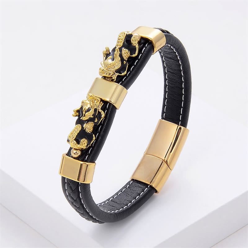 Fortune Jewel Double PiXiu Wealth Luck Leather Magnetic Buckle Bracelet