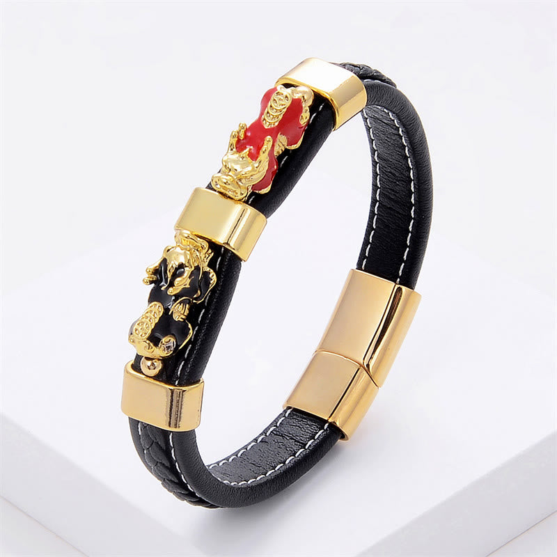 Fortune Jewel Double PiXiu Wealth Luck Leather Magnetic Buckle Bracelet