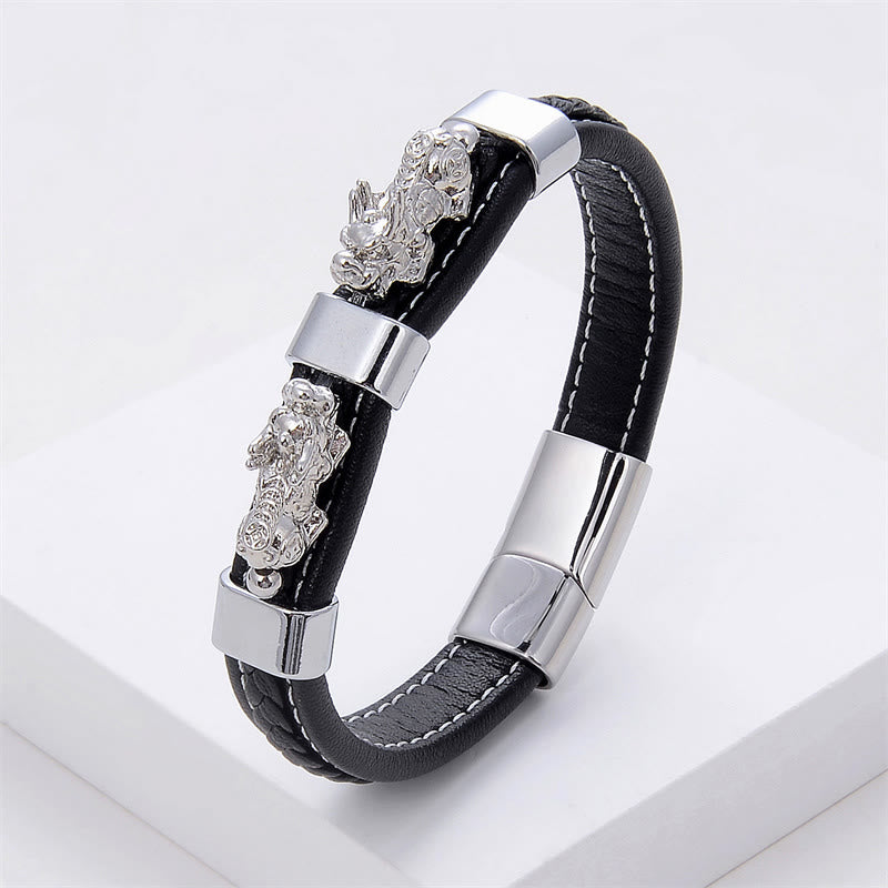 Fortune Jewel Double PiXiu Wealth Luck Leather Magnetic Buckle Bracelet