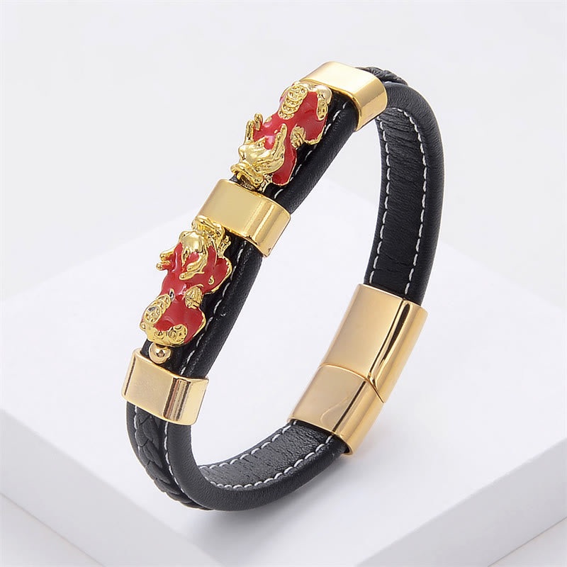 Fortune Jewel Double PiXiu Wealth Luck Leather Magnetic Buckle Bracelet