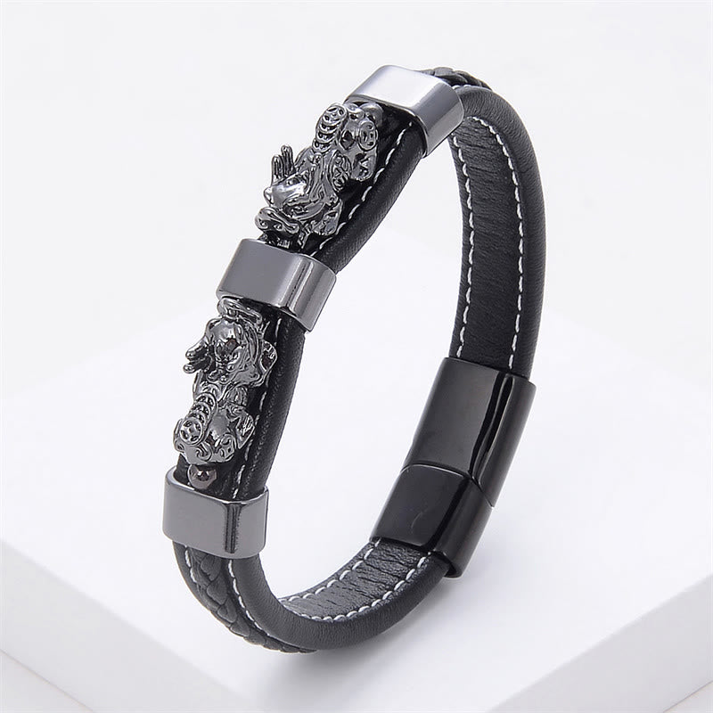 Fortune Jewel Double PiXiu Wealth Luck Leather Magnetic Buckle Bracelet