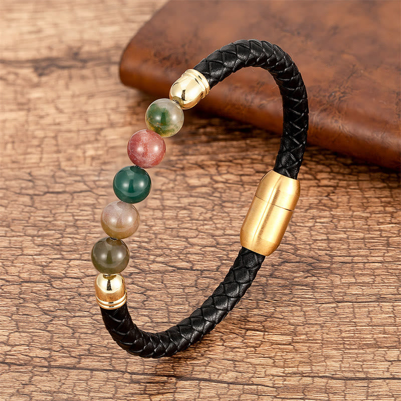 Fortune Jewel Blue Agate Tiger Eye Lava Rock Black Onyx Lazurite Bead Protection Leather Bracelet