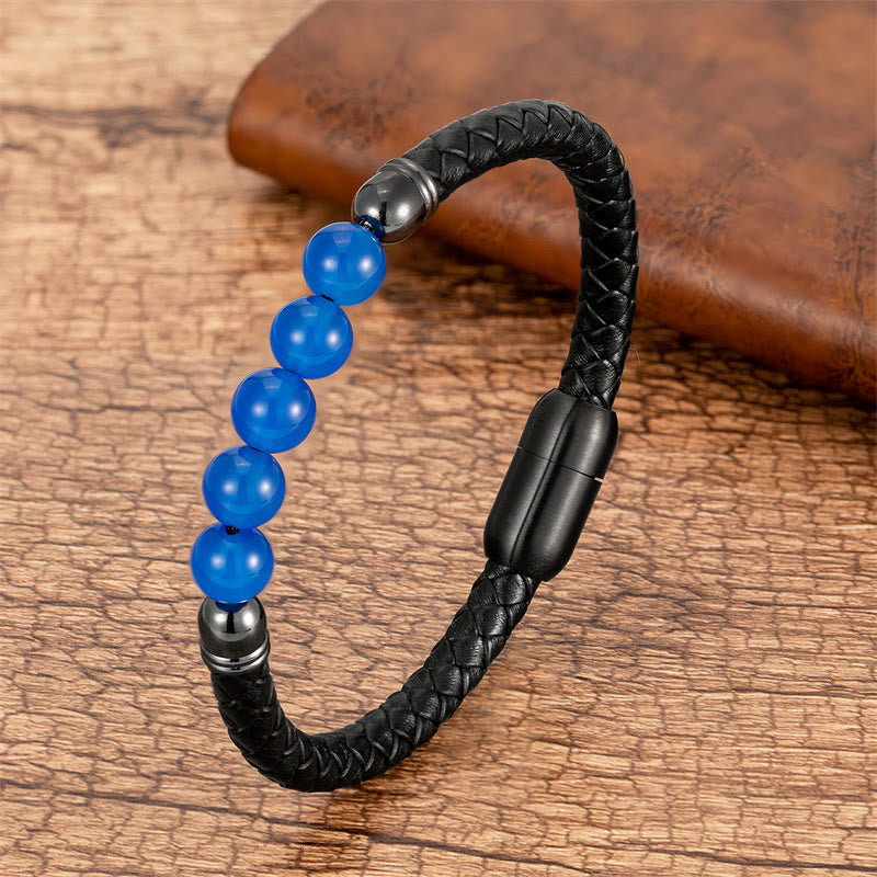 Fortune Jewel Blue Agate Tiger Eye Lava Rock Black Onyx Lazurite Bead Protection Leather Bracelet