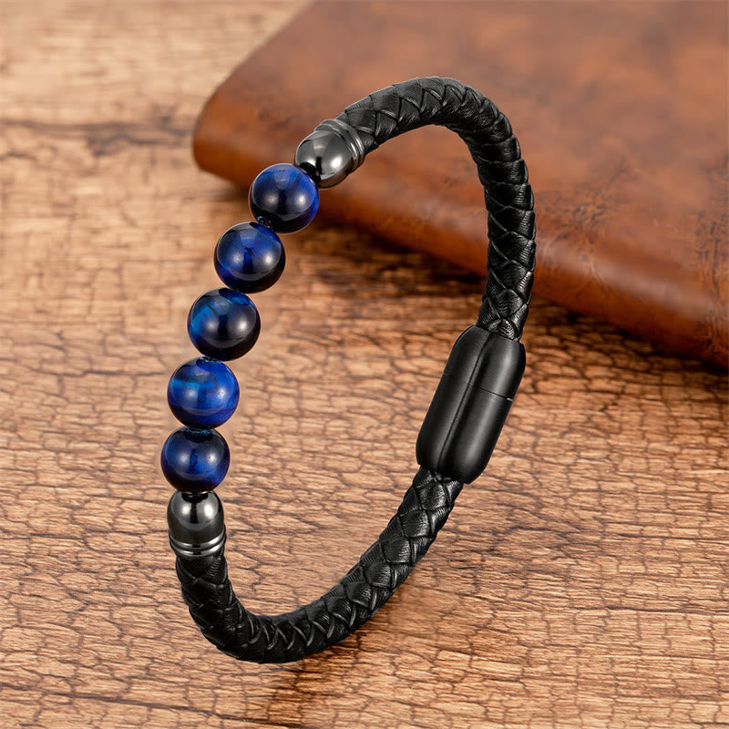 Fortune Jewel Blue Agate Tiger Eye Lava Rock Black Onyx Lazurite Bead Protection Leather Bracelet