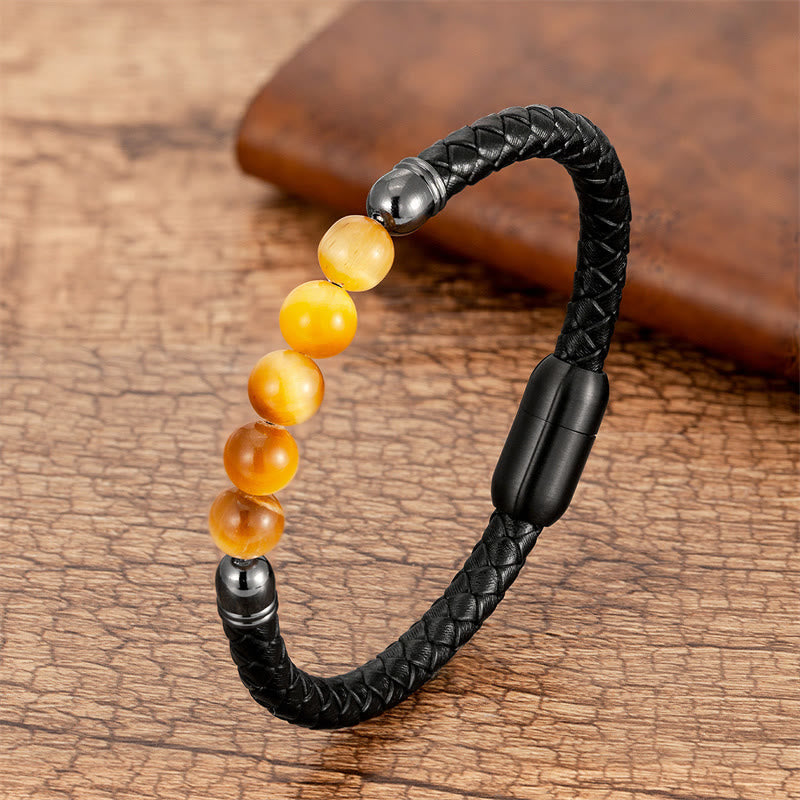 Fortune Jewel Blue Agate Tiger Eye Lava Rock Black Onyx Lazurite Bead Protection Leather Bracelet