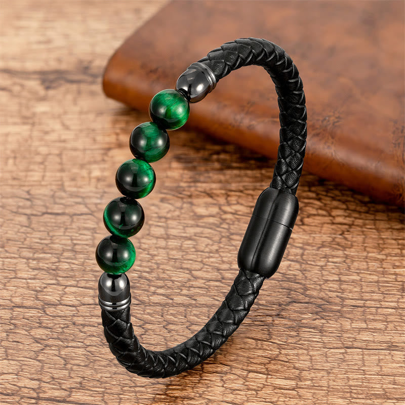 Fortune Jewel Blue Agate Tiger Eye Lava Rock Black Onyx Lazurite Bead Protection Leather Bracelet