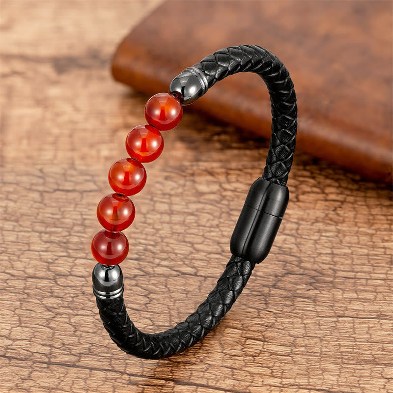 Fortune Jewel Blue Agate Tiger Eye Lava Rock Black Onyx Lazurite Bead Protection Leather Bracelet