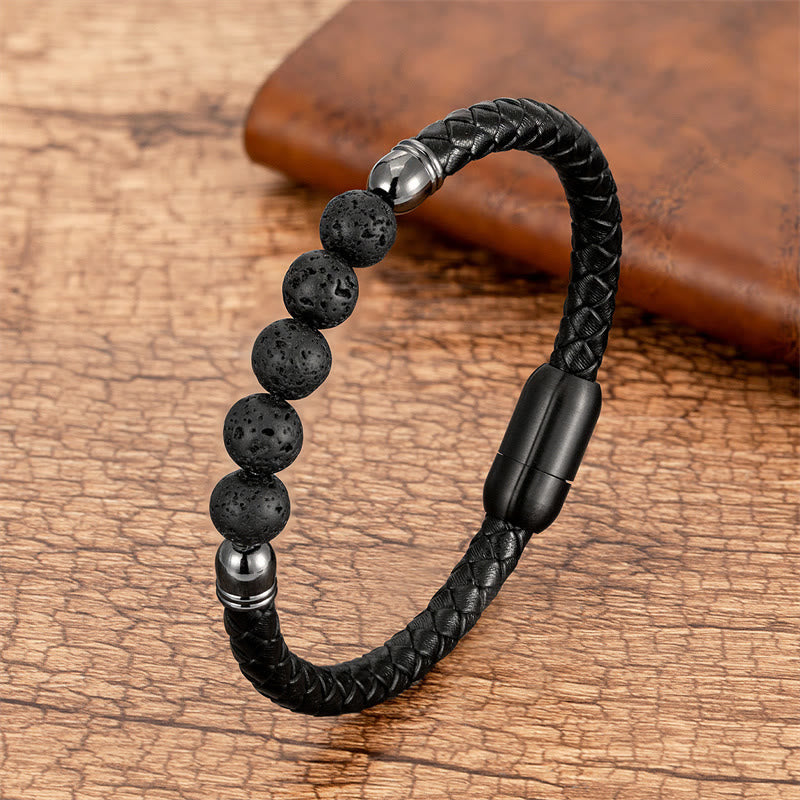 Fortune Jewel Blue Agate Tiger Eye Lava Rock Black Onyx Lazurite Bead Protection Leather Bracelet