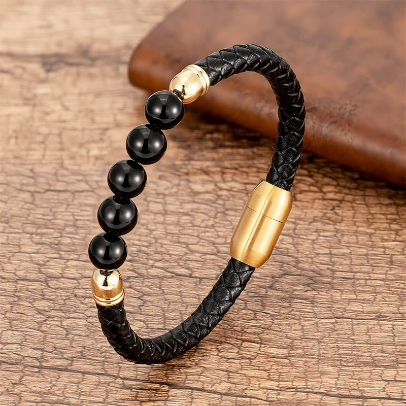 Fortune Jewel Blue Agate Tiger Eye Lava Rock Black Onyx Lazurite Bead Protection Leather Bracelet