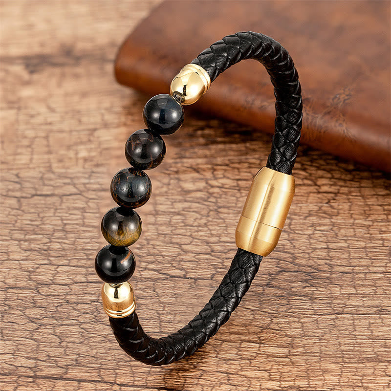 Fortune Jewel Blue Agate Tiger Eye Lava Rock Black Onyx Lazurite Bead Protection Leather Bracelet