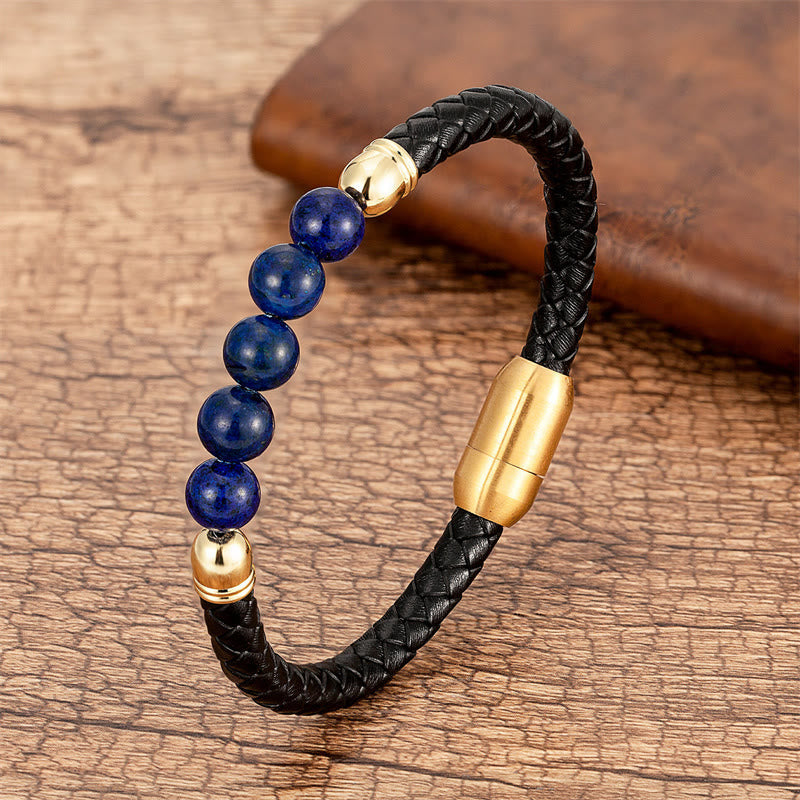 Fortune Jewel Blue Agate Tiger Eye Lava Rock Black Onyx Lazurite Bead Protection Leather Bracelet