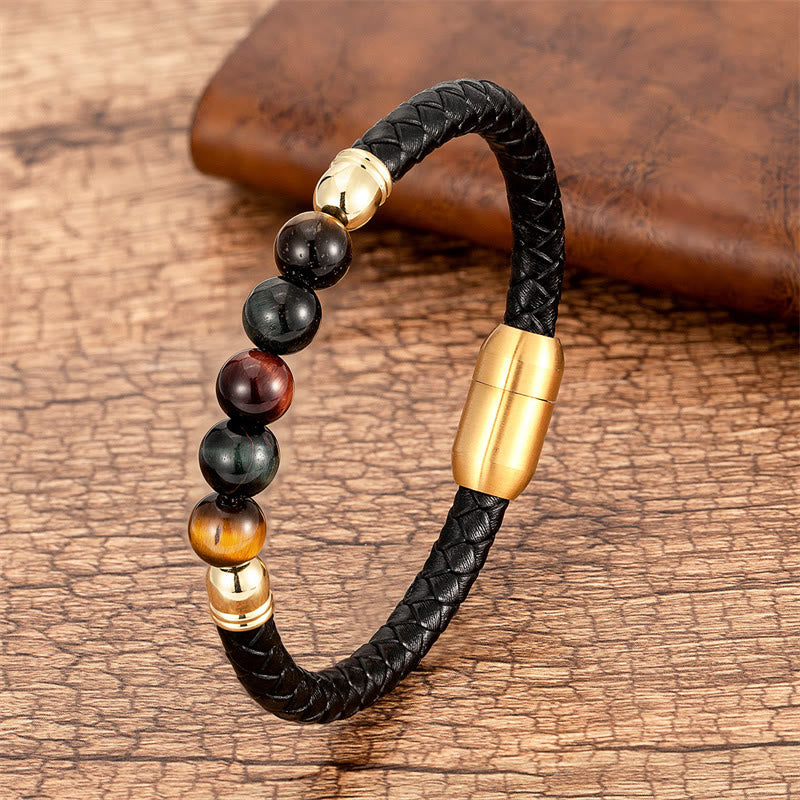 Fortune Jewel Blue Agate Tiger Eye Lava Rock Black Onyx Lazurite Bead Protection Leather Bracelet