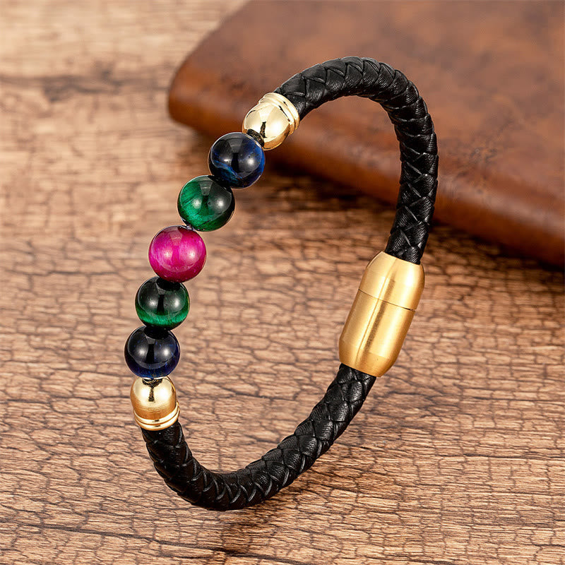 Fortune Jewel Blue Agate Tiger Eye Lava Rock Black Onyx Lazurite Bead Protection Leather Bracelet
