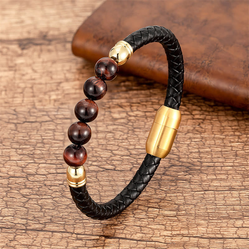 Fortune Jewel Blue Agate Tiger Eye Lava Rock Black Onyx Lazurite Bead Protection Leather Bracelet