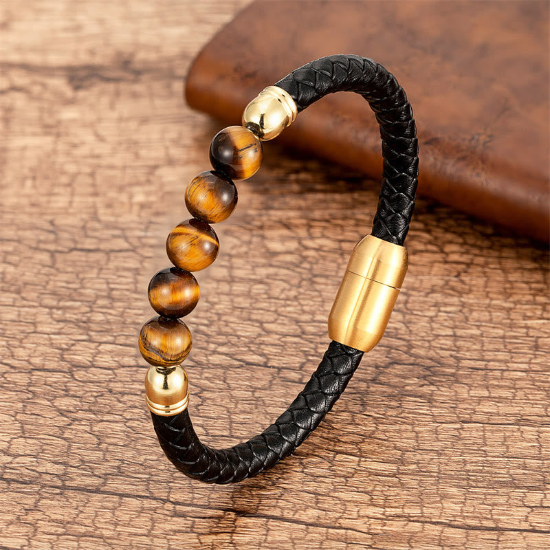 Fortune Jewel Blue Agate Tiger Eye Lava Rock Black Onyx Lazurite Bead Protection Leather Bracelet