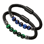 Fortune Jewel Blue Agate Tiger Eye Lava Rock Black Onyx Lazurite Bead Protection Leather Bracelet