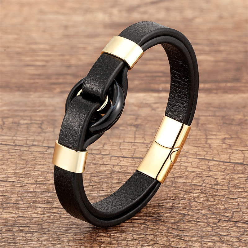 Fortune Jewel Round Green Aventurine Black Onyx Hematite Agate Rose Quartz Stone Balance Leather Magnetic Buckle Bracelet