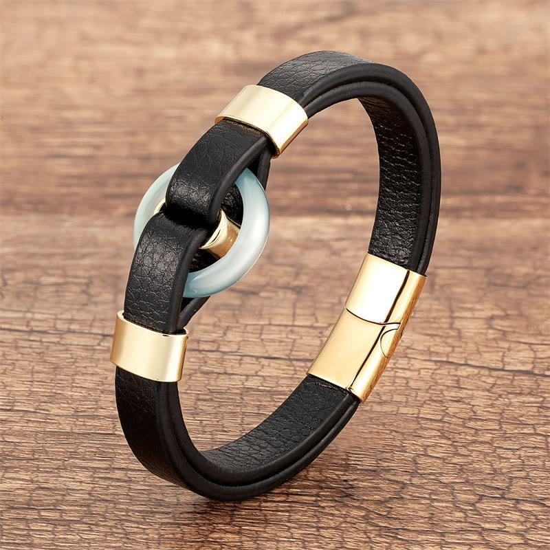 Fortune Jewel Round Green Aventurine Black Onyx Hematite Agate Rose Quartz Stone Balance Leather Magnetic Buckle Bracelet