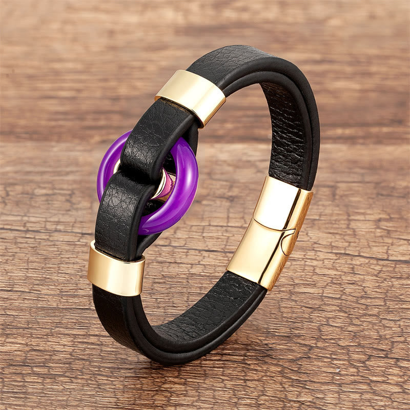 Fortune Jewel Round Green Aventurine Black Onyx Hematite Agate Rose Quartz Stone Balance Leather Magnetic Buckle Bracelet
