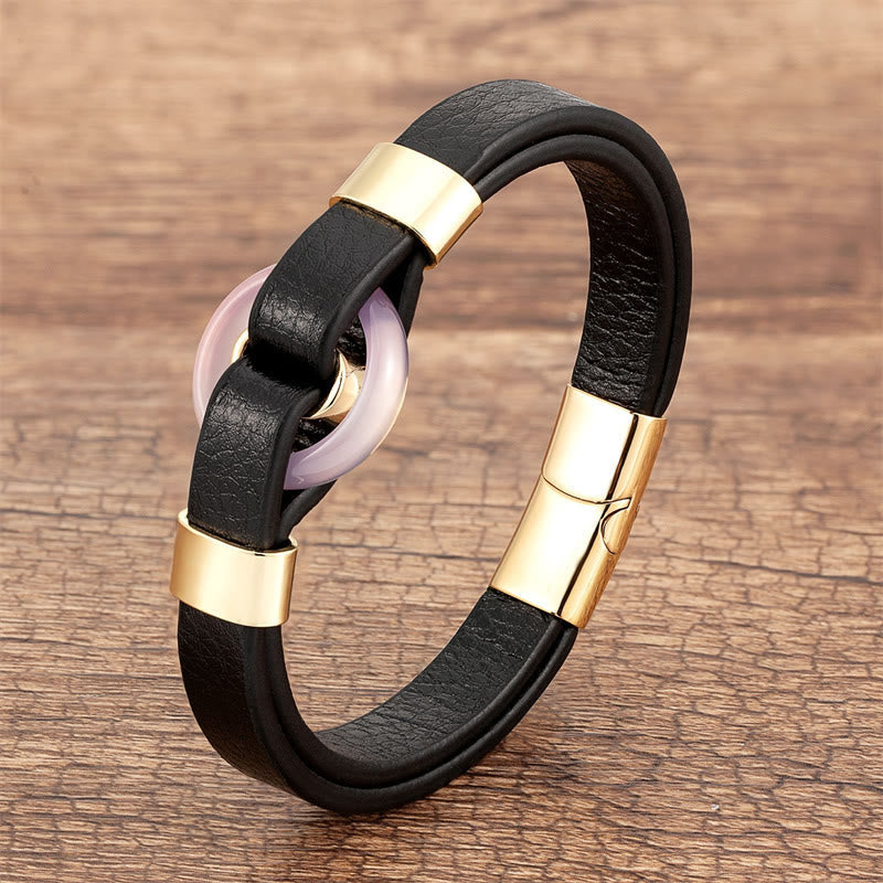 Fortune Jewel Round Green Aventurine Black Onyx Hematite Agate Rose Quartz Stone Balance Leather Magnetic Buckle Bracelet