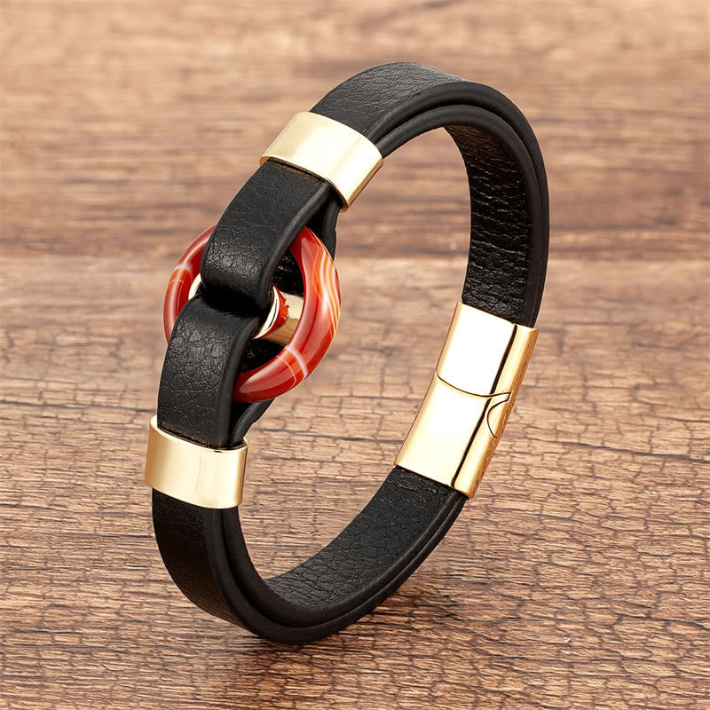 Fortune Jewel Round Green Aventurine Black Onyx Hematite Agate Rose Quartz Stone Balance Leather Magnetic Buckle Bracelet