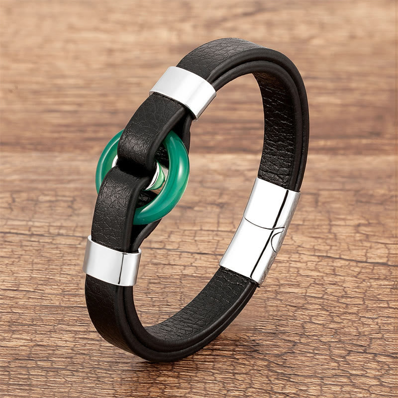 Fortune Jewel Round Green Aventurine Black Onyx Hematite Agate Rose Quartz Stone Balance Leather Magnetic Buckle Bracelet