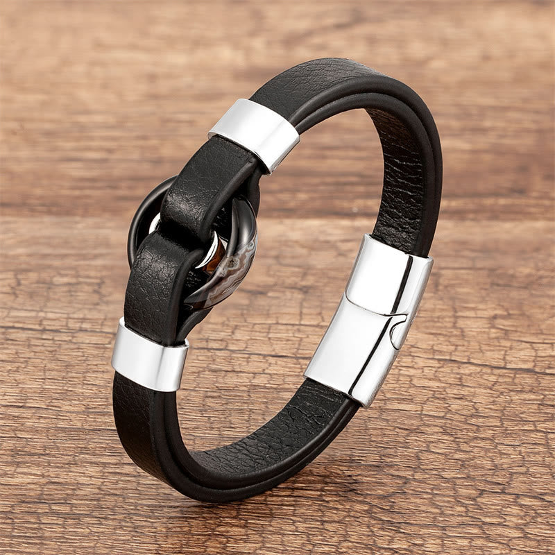 Fortune Jewel Round Green Aventurine Black Onyx Hematite Agate Rose Quartz Stone Balance Leather Magnetic Buckle Bracelet