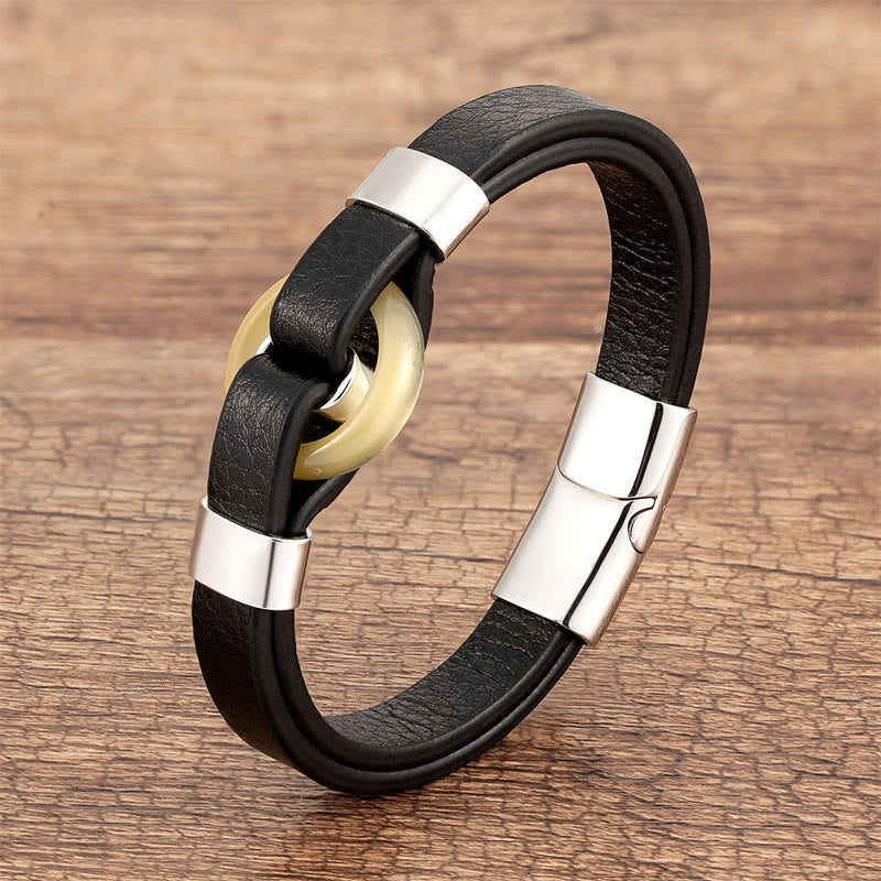 Fortune Jewel Round Green Aventurine Black Onyx Hematite Agate Rose Quartz Stone Balance Leather Magnetic Buckle Bracelet