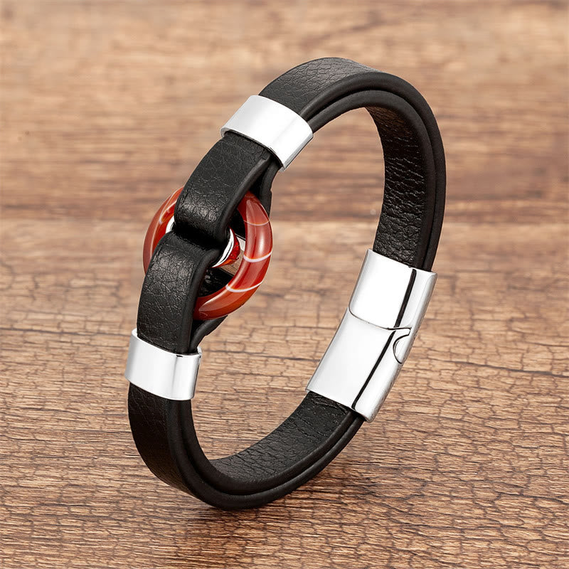 Fortune Jewel Round Green Aventurine Black Onyx Hematite Agate Rose Quartz Stone Balance Leather Magnetic Buckle Bracelet