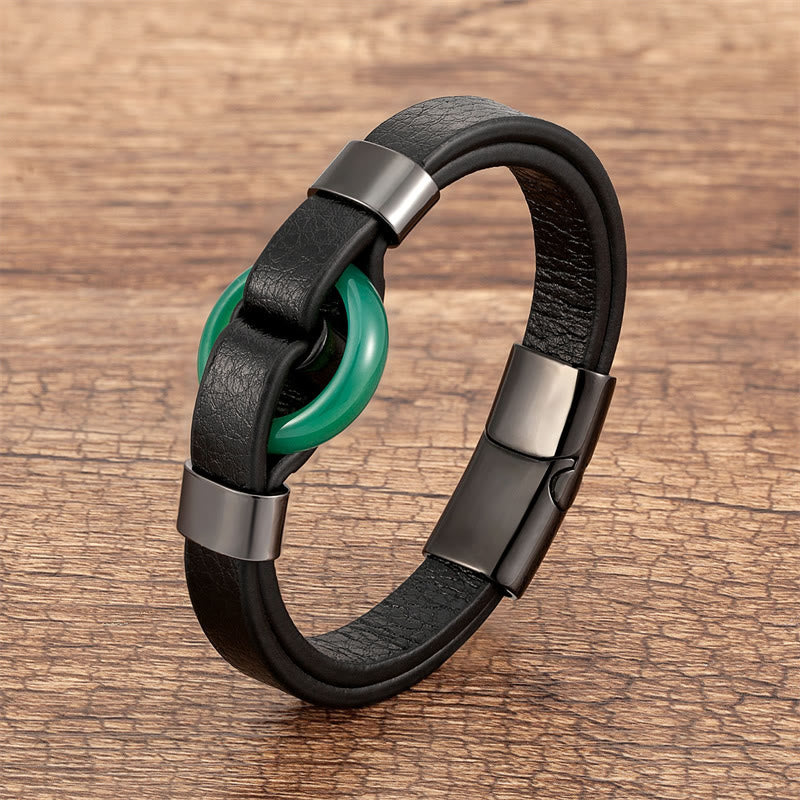 Fortune Jewel Round Green Aventurine Black Onyx Hematite Agate Rose Quartz Stone Balance Leather Magnetic Buckle Bracelet