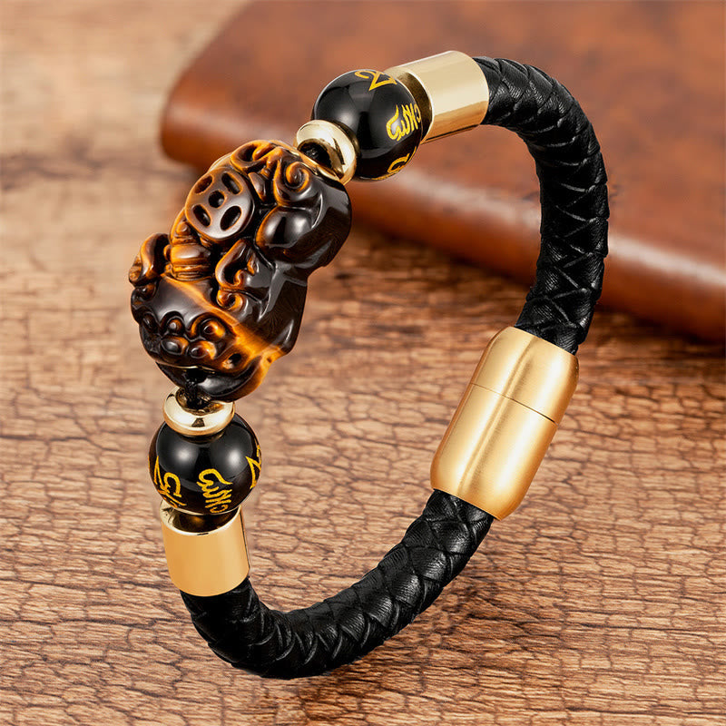 Fortune Jewel Tiger Eye Black Onyx Red Agate PiXiu Copper Coin Om Mani Padme Hum Strength Leather Bracelet