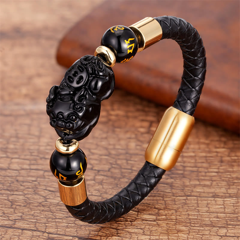 Fortune Jewel Tiger Eye Black Onyx Red Agate PiXiu Copper Coin Om Mani Padme Hum Strength Leather Bracelet
