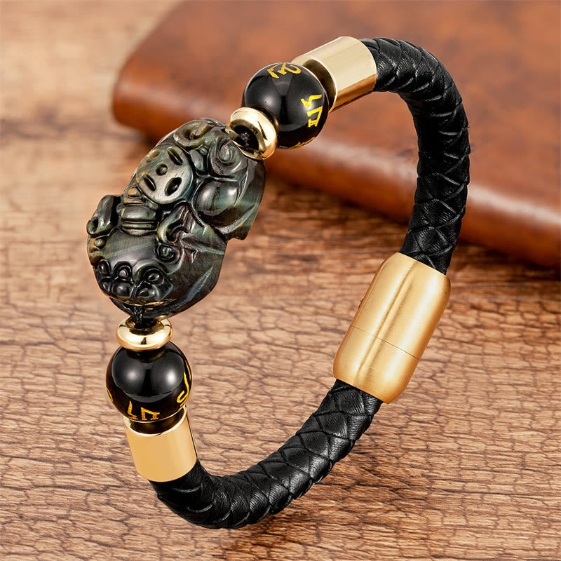 Fortune Jewel Tiger Eye Black Onyx Red Agate PiXiu Copper Coin Om Mani Padme Hum Strength Leather Bracelet
