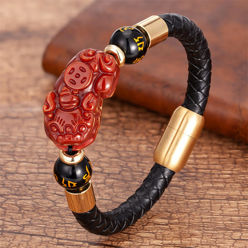 Fortune Jewel Tiger Eye Black Onyx Red Agate PiXiu Copper Coin Om Mani Padme Hum Strength Leather Bracelet