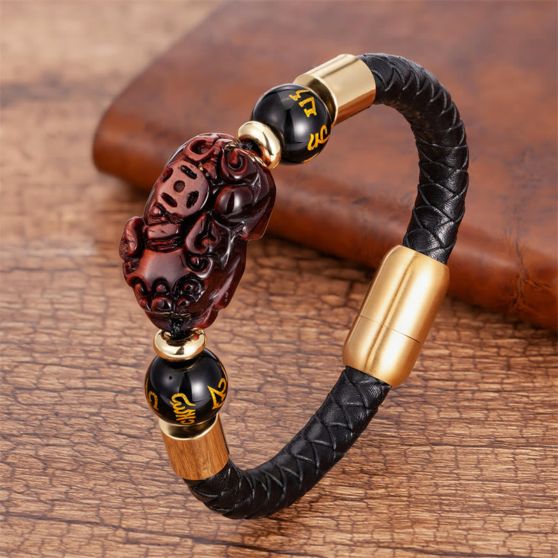 Fortune Jewel Tiger Eye Black Onyx Red Agate PiXiu Copper Coin Om Mani Padme Hum Strength Leather Bracelet
