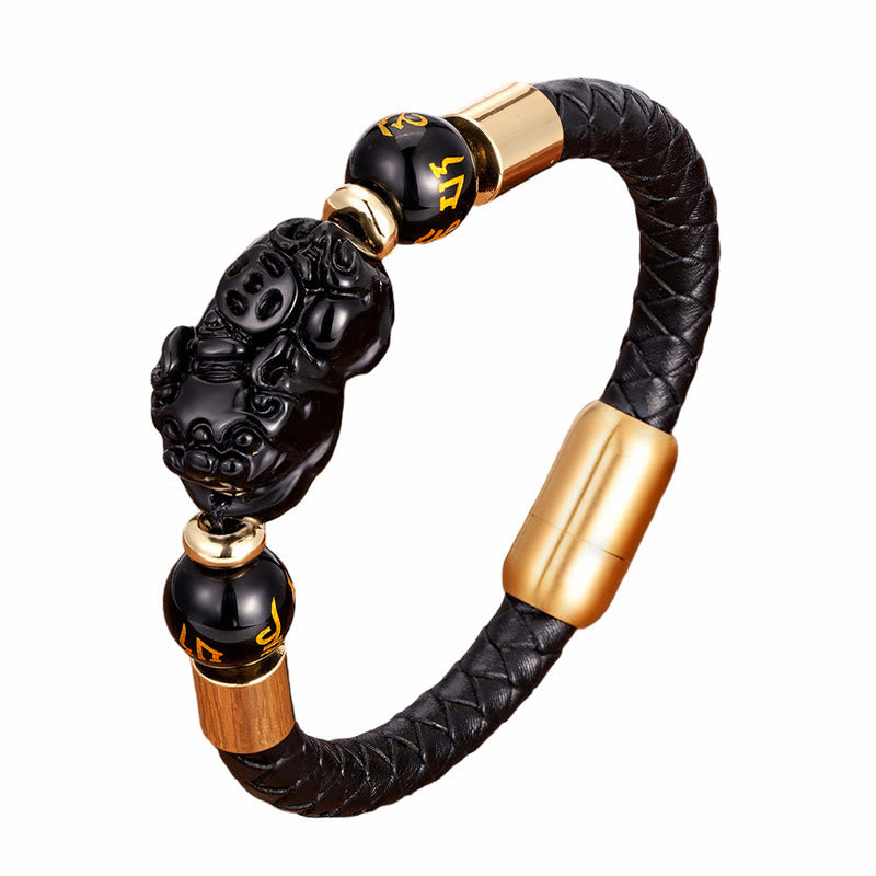 Fortune Jewel Tiger Eye Black Onyx Red Agate PiXiu Copper Coin Om Mani Padme Hum Strength Leather Bracelet