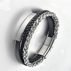 Fortune Jewel Multi-layered Titanium Steel Calm Leather Buckle Bracelet