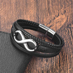 Fortune Jewel Eternal Endless Knot Infinity Symbol Titanium Steel Calm Leather Buckle Bracelet