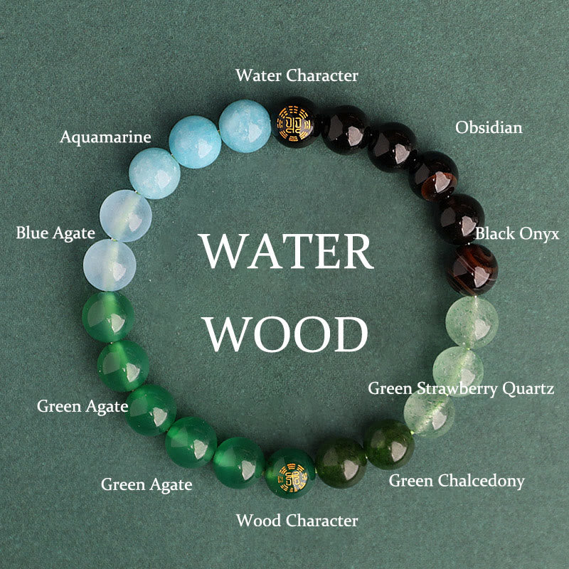 Fortune Jewel Five Elements Various Agate Crystal Black Onyx Green Chalcedony Aquamarine Wisdom Bracelet