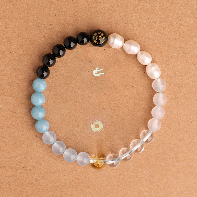 Fortune Jewel Five Elements Various Agate Crystal Black Onyx Green Chalcedony Aquamarine Wisdom Bracelet